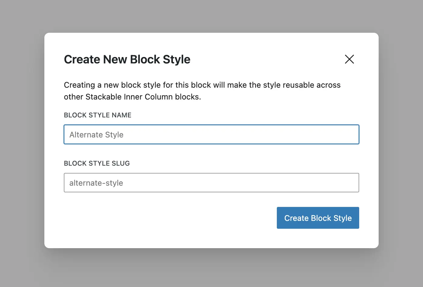 Create new Block Style window